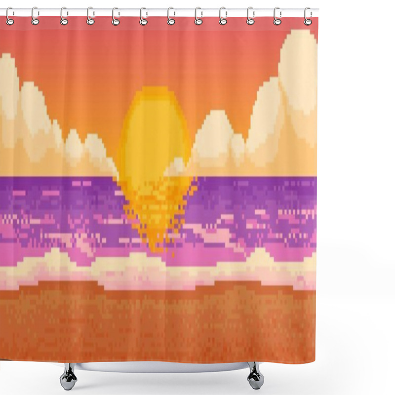 Personality  Pixel Sunset Beach. Game Retro Sea Landscape. 8-bit Background Sunrise Ocean Scene, Hawaii Cloudy Sky With Sun, Night Nature Panorama Seascape. Vector Illustration. Tropical Coastline For Vacation Shower Curtains