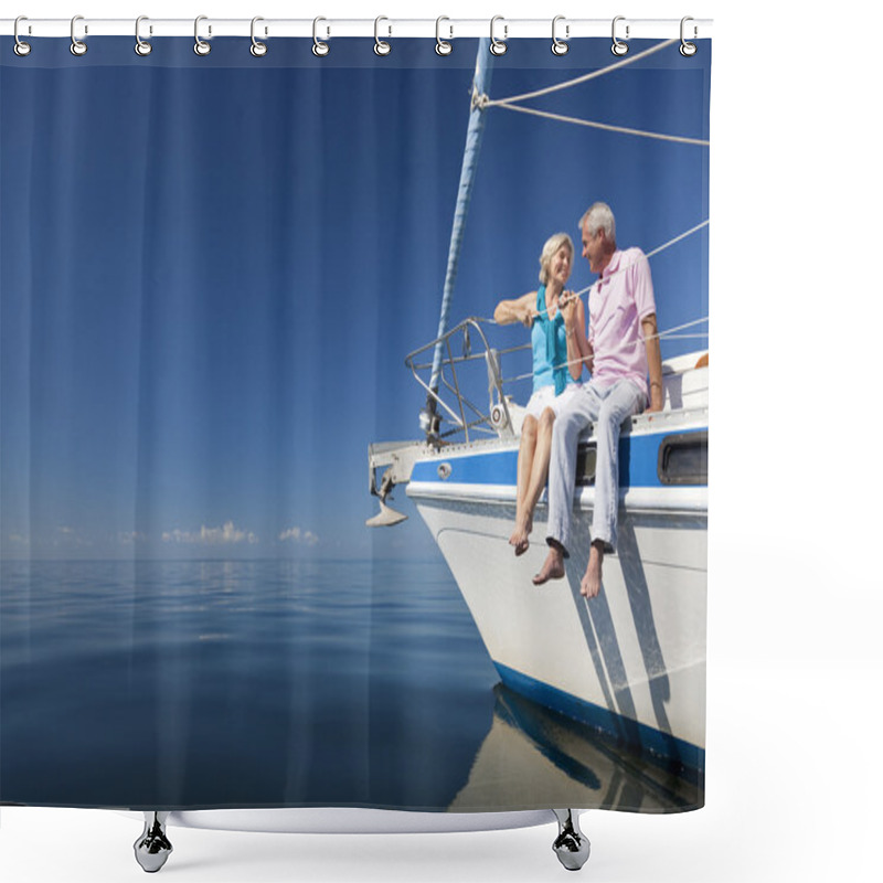 Personality  A Happy Senior Couple Sitting On The Front Of A Sail Boat Shower Curtains