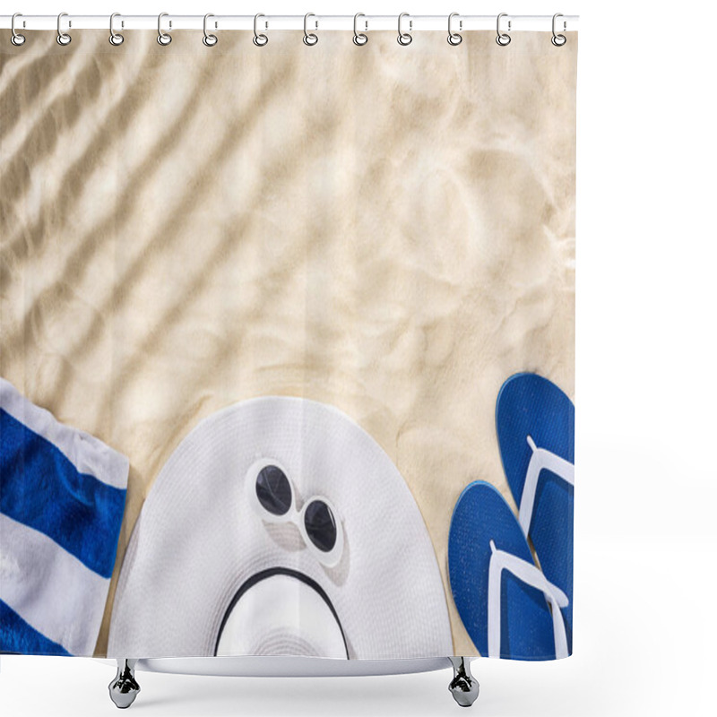 Personality  Top View Of Striped Towel, Retro Sunglasses, Floppy Hat And Blue Flip Flops On Sand With Shadows And Copy Space Shower Curtains