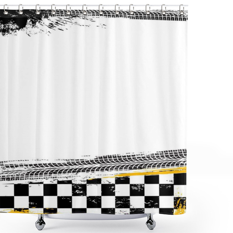 Personality  Grunge Race Sport Flag Background. Motorsport, Car Racing, Motocross Or Rally Competition Grungy Vector Backdrop With Automobile, Motorcycle Dirty Tire Traces And Track Finish Checkered Line Or Flag Shower Curtains