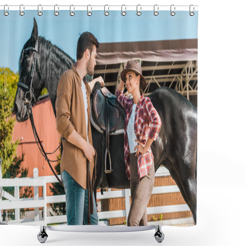 Personality  Low Angle View Of Female And Male Equestrians Standing Near Horse And Talking At Ranch  Shower Curtains