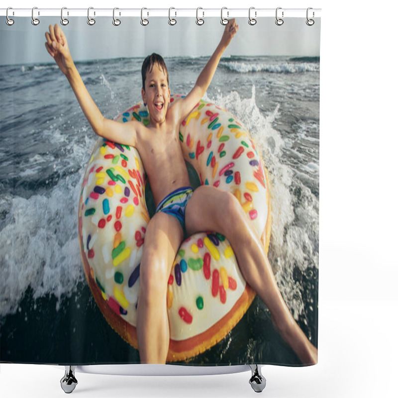 Personality  Joyful Child On Inflatable Ring Ride On Breaking Wave. Travel Lifestyle, Swimming Activities. Selective Focus Shower Curtains