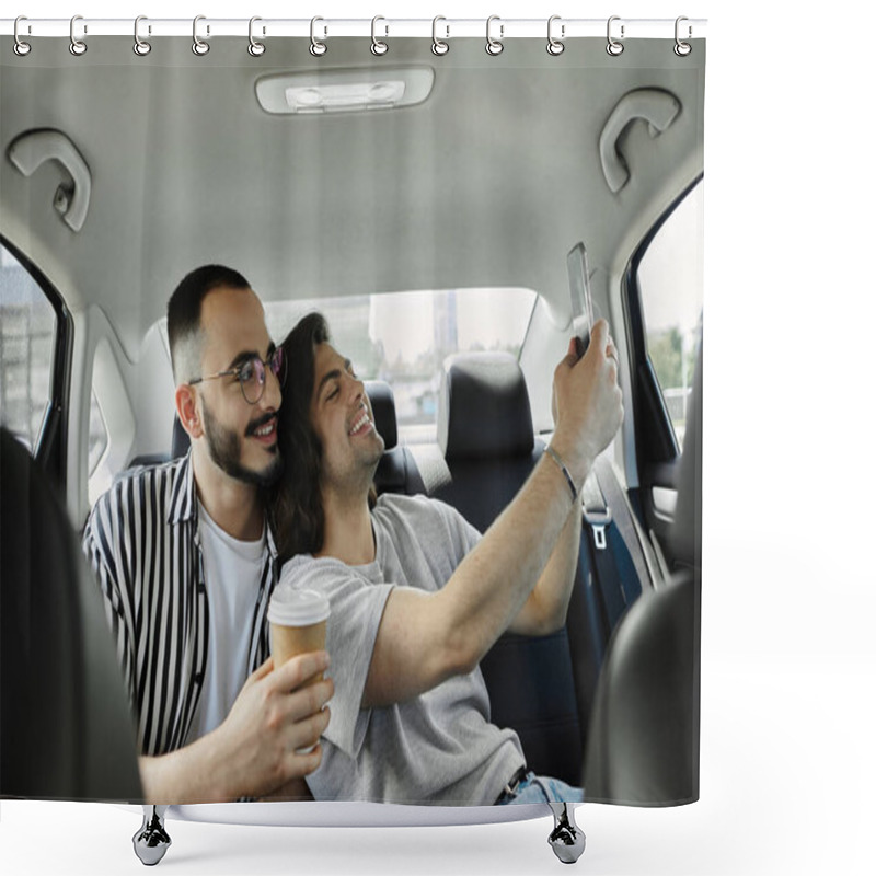 Personality  A Gay Couple Takes A Selfie In The Backseat Of A Car, Enjoying Their Time Together. Shower Curtains