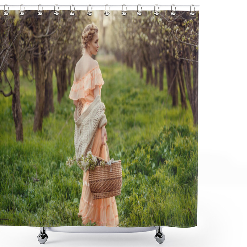 Personality  Beautiful Young Girl In An Old Dress In A Pear-blossoming Garden. Shower Curtains