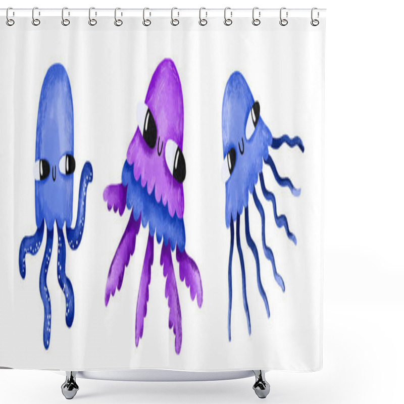 Personality  Collection Of Blue And Pink Jellyfish. Cartoon Underwater World And Ocean Bottom. Sea Inhabitants. Hand Drawn Illustration On Isolated Background Shower Curtains