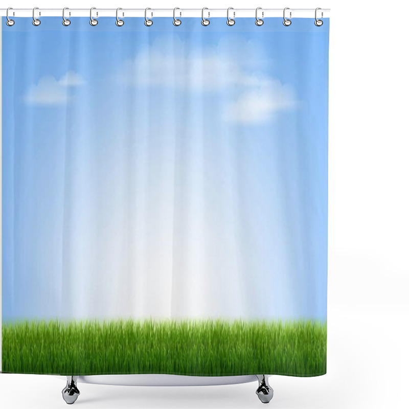 Personality  Green Grass Border With Blue Sky And Cloud Shower Curtains