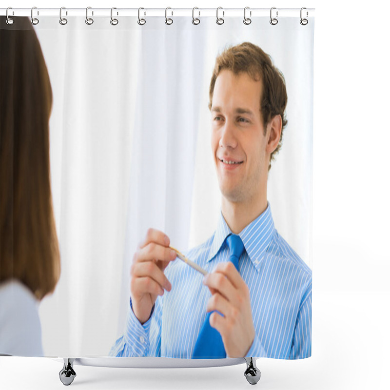 Personality  Young Businessman Doing Interviews Shower Curtains