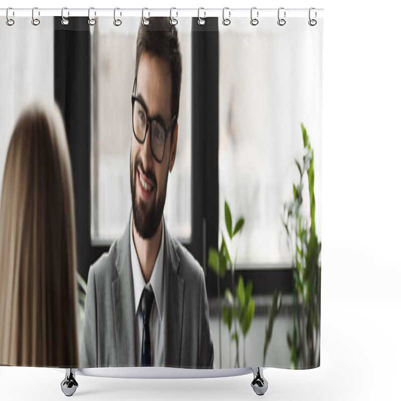 Personality  Cheerful Businessman In Suit Looking At Blurred Woman On Job Interview In Office, Banner  Shower Curtains