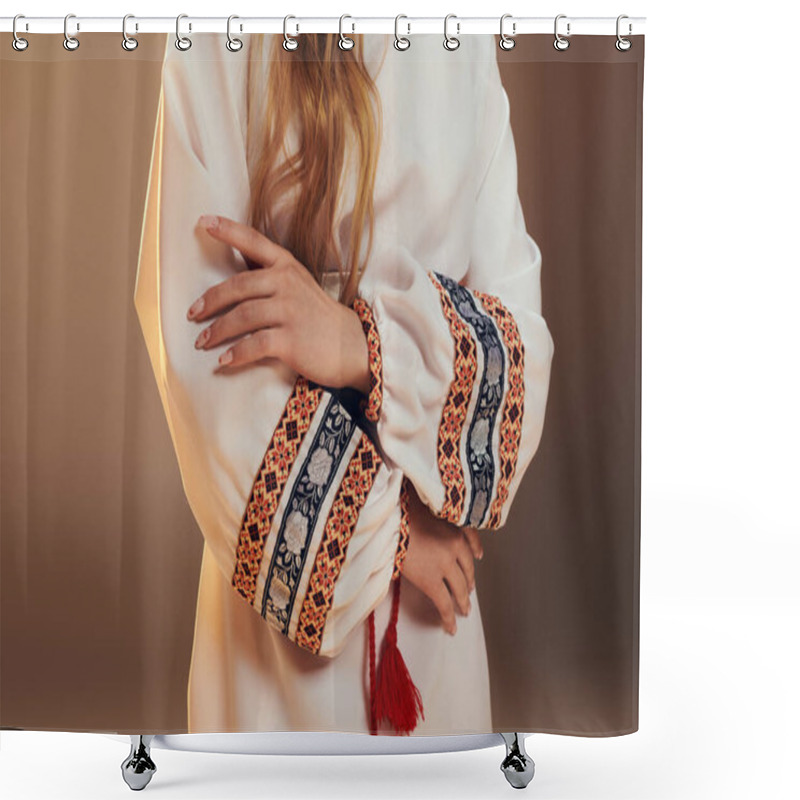 Personality  A Young Mavka Adorned In A White Dress With A Striking Red Tassel, Exuding An Air Of Mystique In A Studio Setting. Shower Curtains