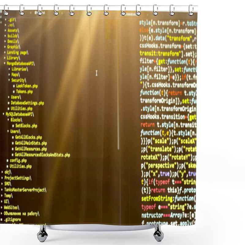 Personality  Filesystem Tree In Professional Text Editor With Javascript Code Aside In Sunset Rays. Abstract Information Digital Technology Modern Background. Screen Of Web Developer In Warm Colors. Shower Curtains