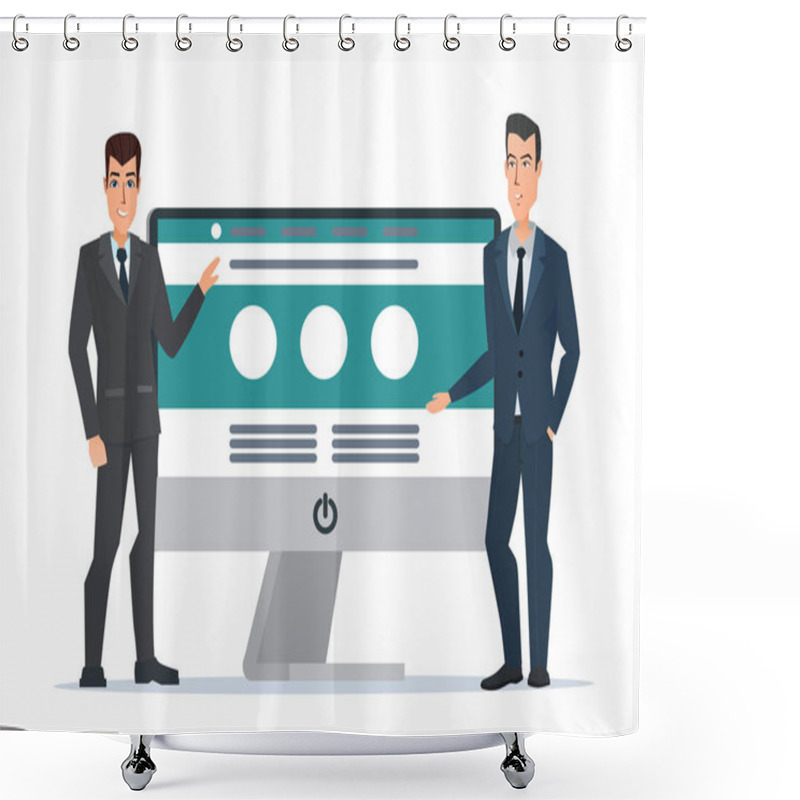 Personality  Businessman's Presents Website. Computer Screen. Development Project, SEO Process Information. Business Cartoon Concept. Vector Illustration Isolated On White Background In Flat Style. Shower Curtains