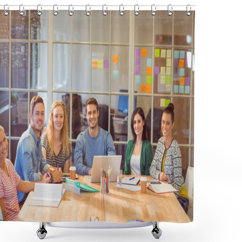 Personality  Group Of Young Colleagues Using Laptop Shower Curtains