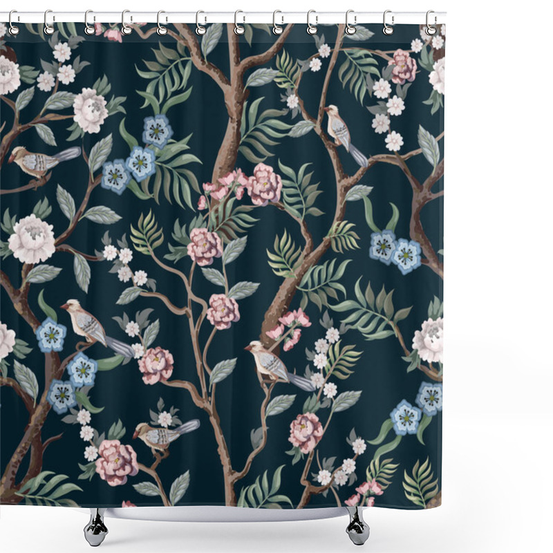 Personality  Seamless Pattern In Chinoiserie Style With Peonies Trees And Birds . Vector, Shower Curtains