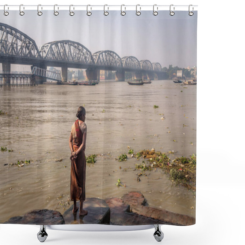 Personality  Old Woman Watches High Tide Water Flow In The Ganges River At Dakshineshwar. The Bally Bridge (Vivekananda Setu) At The Backdrop. Shower Curtains