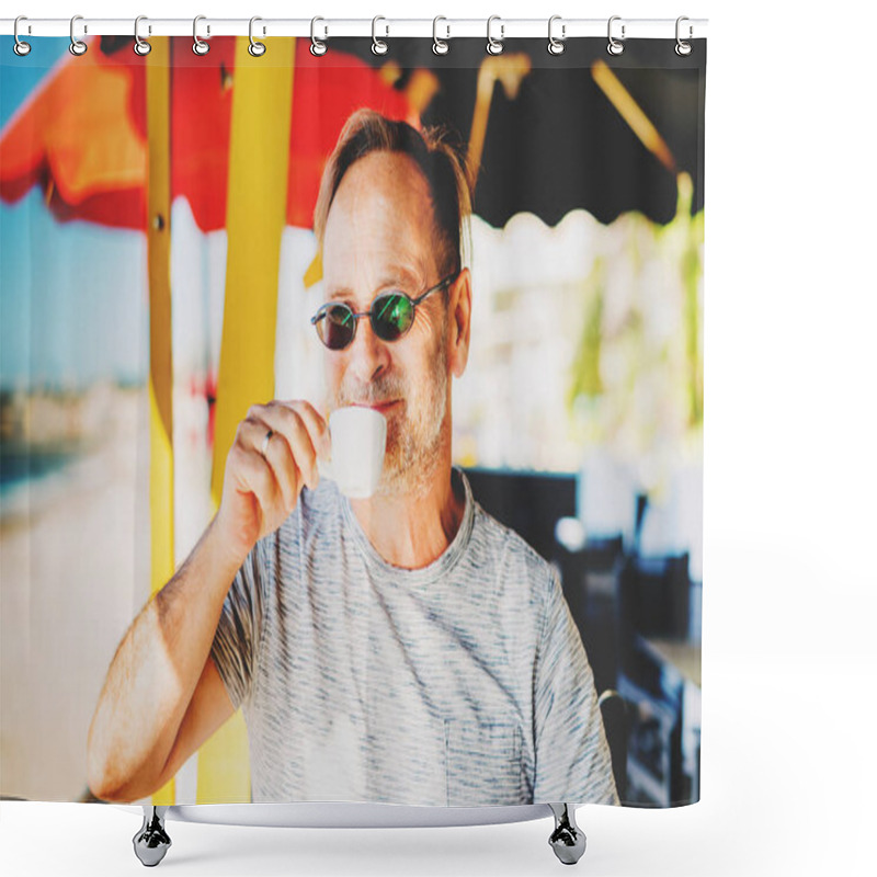 Personality  Handsome Man Drinking Morning Coffee At A Seaside Beach Restaurant Shower Curtains