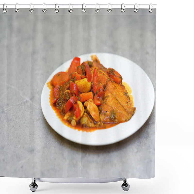 Personality  Fish In Hot Tomato Sauce With Vegetables On White Plate. Home Made Tasty Food Ready To Eat. Shower Curtains