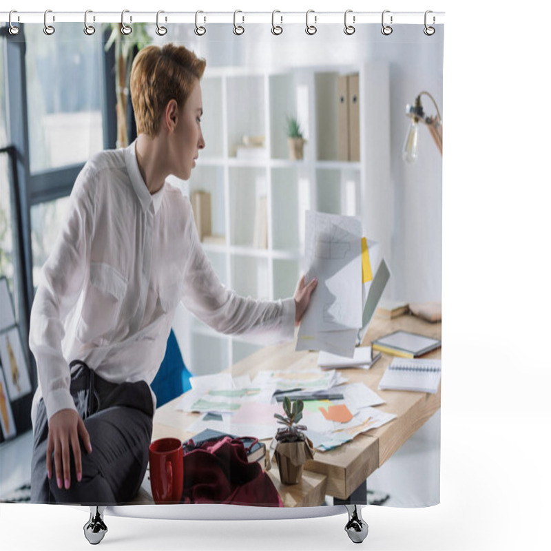 Personality  Stylish Fashion Designer With Lot Of Paperwork Sittin On Work Desk Shower Curtains