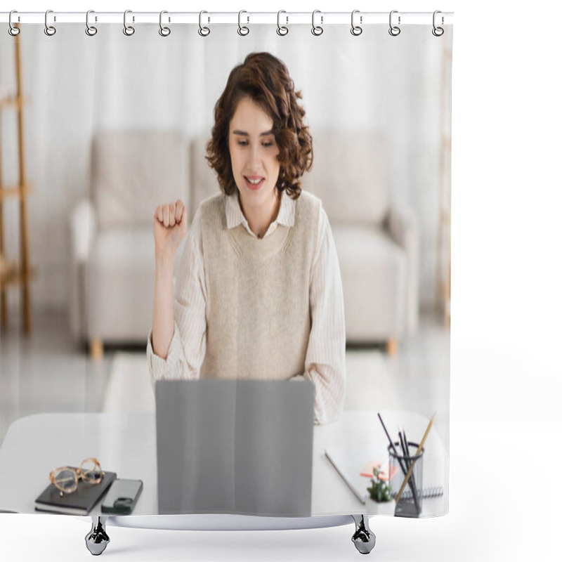 Personality  Cheerful Woman Teaching How To Speak Sign Language While Showing Clenched Fist During Online Lesson On Laptop  Shower Curtains