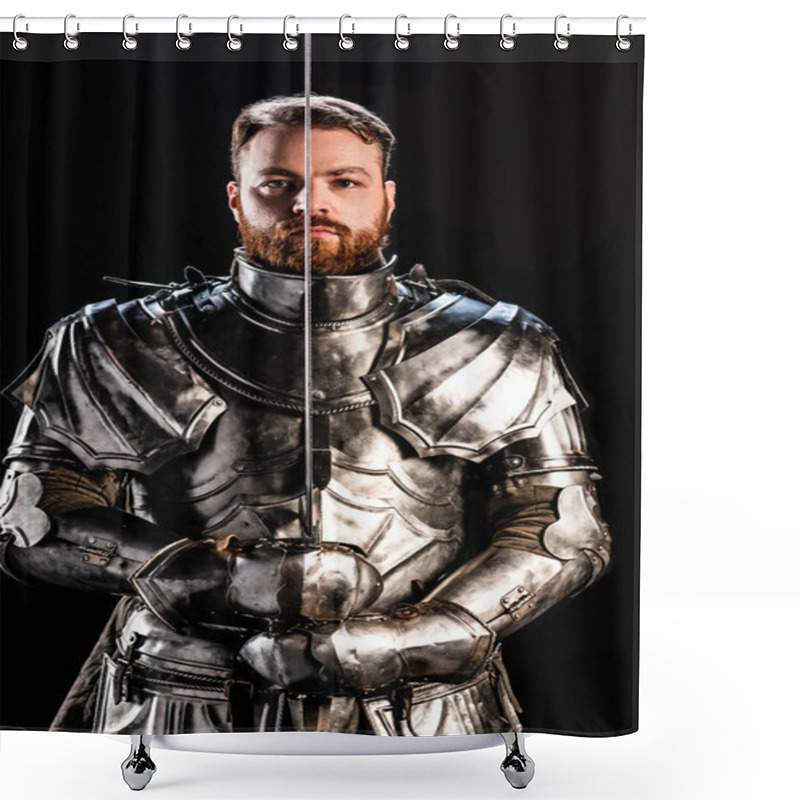 Personality  Handsome Knight In Armor Holding Sword Isolated On Black Shower Curtains