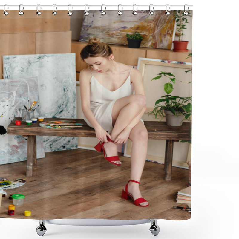 Personality  Beautiful Tender Young Woman Wearing Red Sandals In Art Studio Shower Curtains