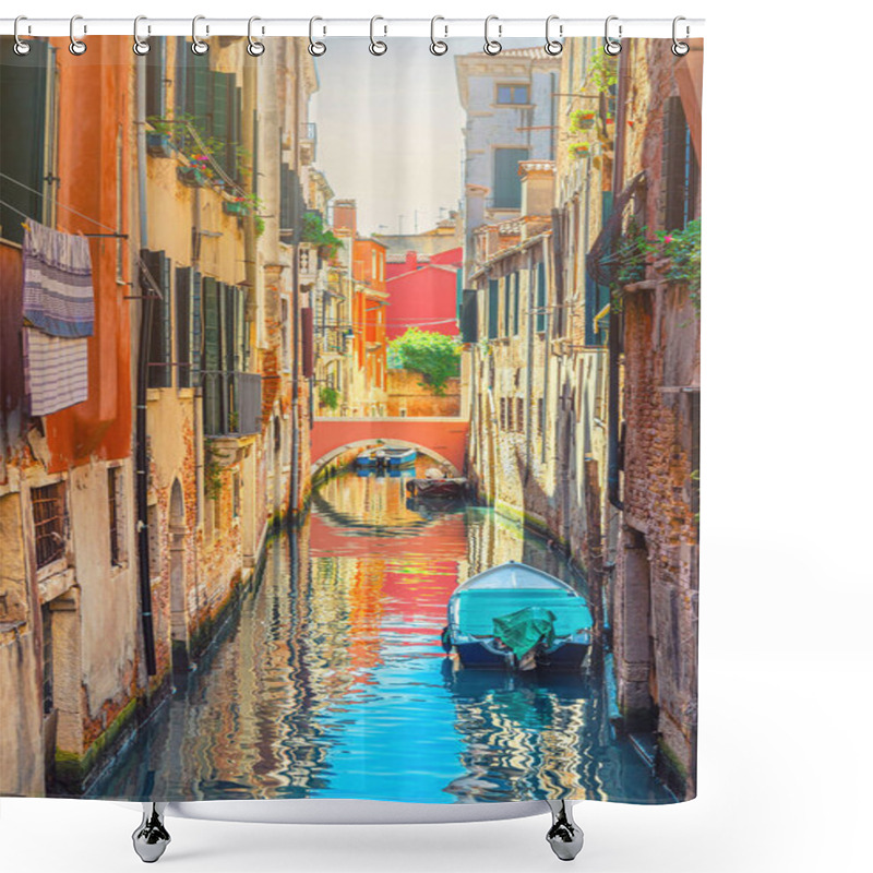 Personality  Venice Cityscape With Narrow Water Canal With Boats Moored Between Brick Walls Of Old Buildings And Stone Bridge, Veneto Region, Northern Italy. Typical Venetian View, Vertical View Shower Curtains