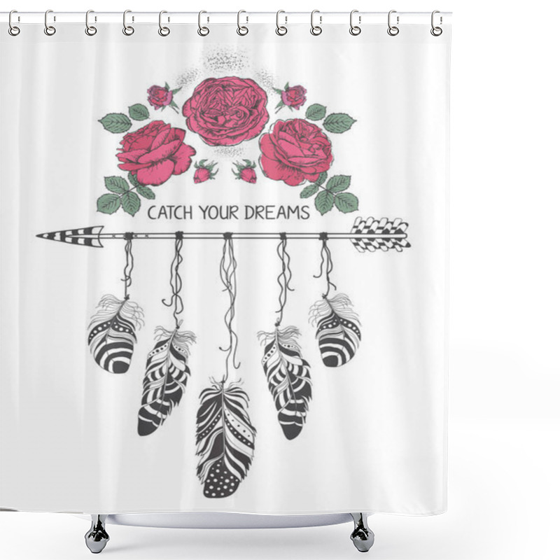 Personality  Hand Drawn Boho Style Design With Rose Flower, Arrow And Feathers. Hippie Fashion Decoration For T-shirt Or Tattoo. Shower Curtains