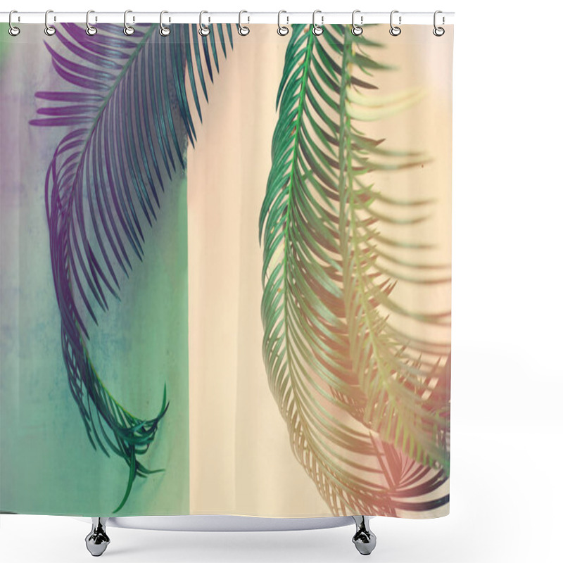 Personality  Green Leaves Of Palm Tree On Pink Background Shower Curtains