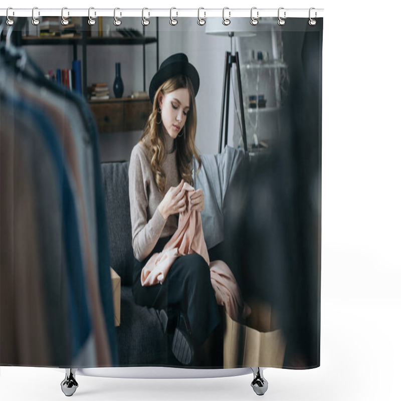 Personality  Young Woman Looking At New Shirt  Shower Curtains