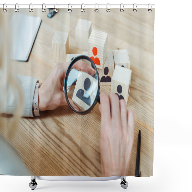 Personality  Cropped View Of Recruiter Holding Magnifier Near Wooden Cube  Shower Curtains