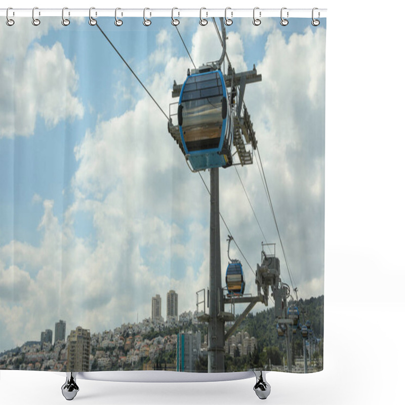 Personality  HAIFA, ISRAEL. April 26, 2021: The New Cable Car In Haifa That Connects The University Of Haifa And The Technion Institute To The Central Transportation Station. Shower Curtains