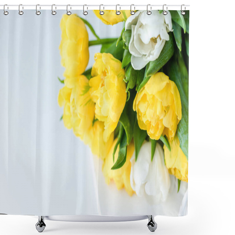 Personality  Bouquet Of Tender Spring Tulip Flowers Gift For 8 March On White Shower Curtains