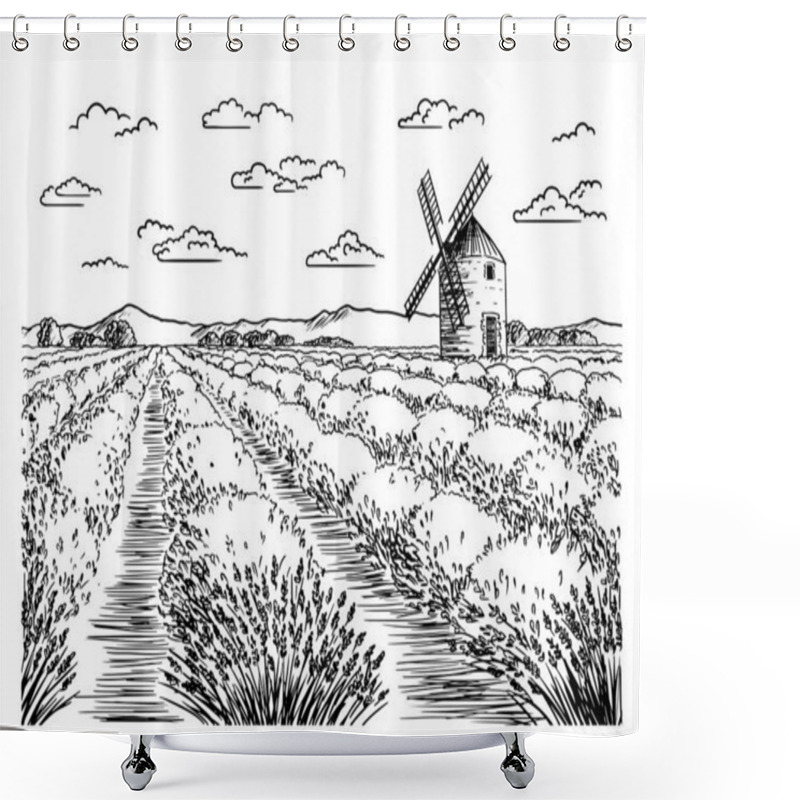 Personality  A Sketch Of Lavender Fields. French Countryside Landscape In Provence. Creates A Summer Mood. Shower Curtains