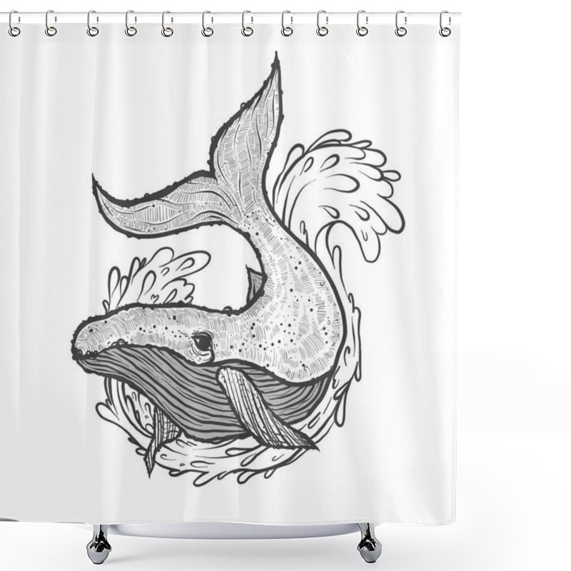 Personality  Hand Drawn Vector Illustration Of Whale With Wave And Splash Shower Curtains