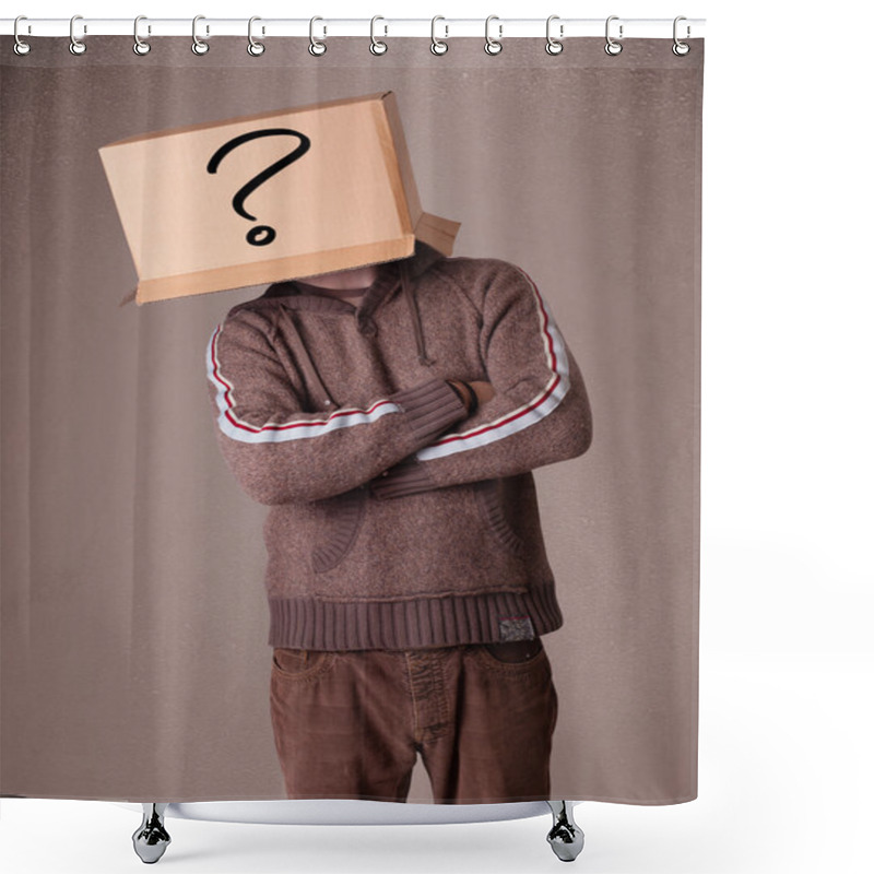 Personality  Young Man Gesturing With A Cardboard Box On His Head With Questi Shower Curtains