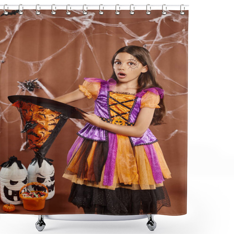 Personality  Shocked Child In Halloween Witch Costume Holding Pointed Hat On Brown Background, Spooky Season Shower Curtains