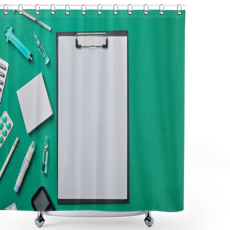 Personality  Top View Of Various Medical Supplies Near Folder And On Green Surface  Shower Curtains