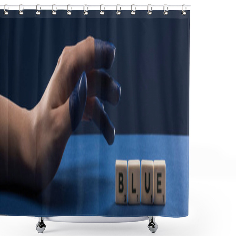 Personality  Cropped View Of Female Hand With Painted Fingers Near Cubes With Blue Lettering Isolated On Blue, Panoramic Shot Shower Curtains