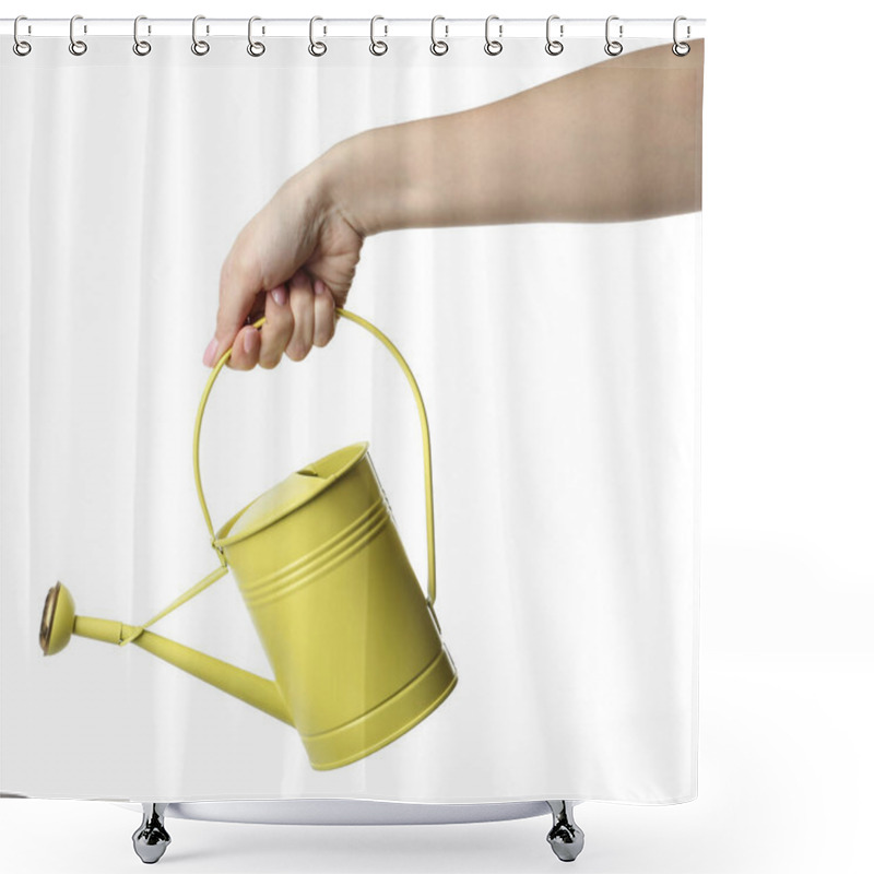 Personality  Woman Holding Watering Can On White Background, Closeup Shower Curtains