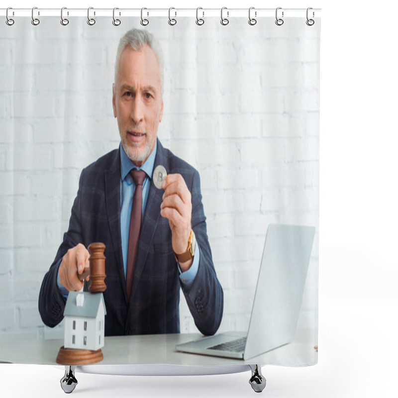 Personality  Handsome Auctioneer Hitting Model Of House With Gavel And Holding Coins  Shower Curtains