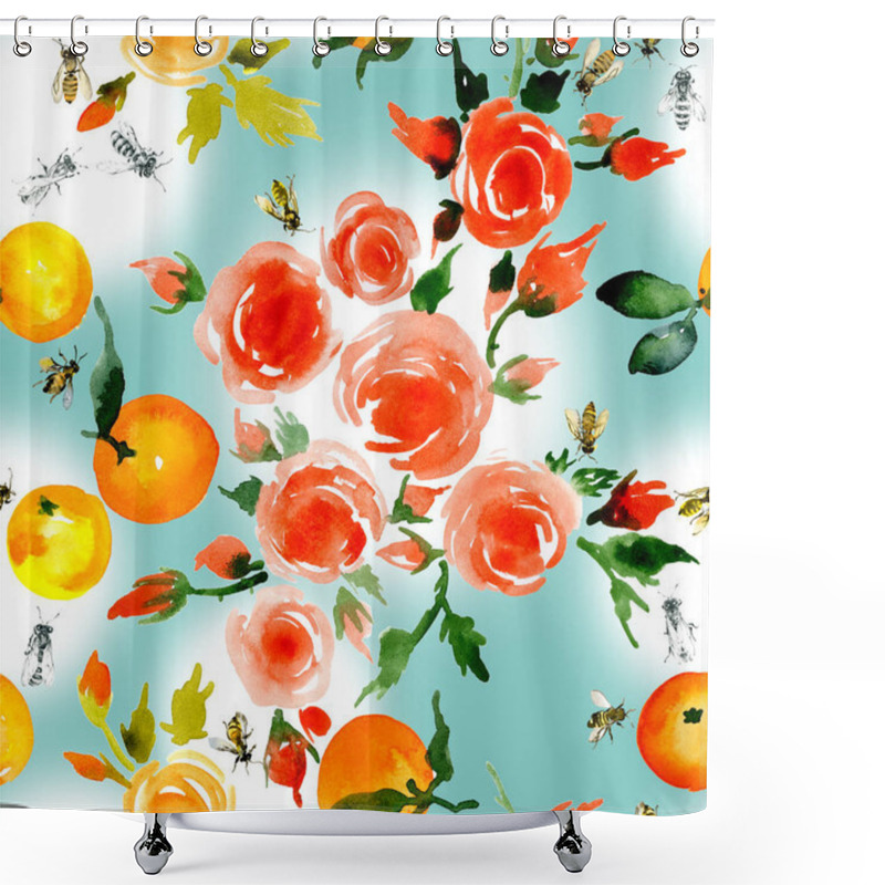 Personality  Delicate, Small, Fragrant, Ancient Roses, Honey, Rustic, Wild Bees, Delicate, Tasty, Fragrant Mandarins. Watercolor. Illustration Shower Curtains