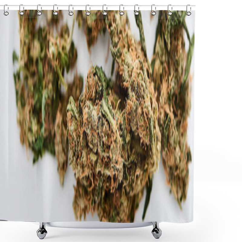 Personality  Close Up View Of Natural Marijuana Buds On White Background, Panoramic Shot Shower Curtains