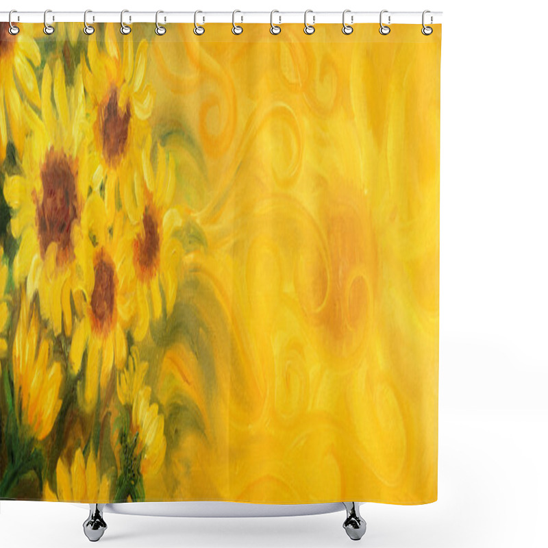 Personality  Sunny Sunflowers With Sun And Ornaments. Oil Painting On Canvas. Shower Curtains