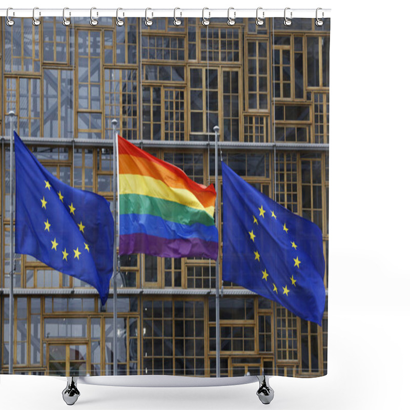 Personality  European Union Flag And LGBT Pride Flag Wave Outside Of European Shower Curtains