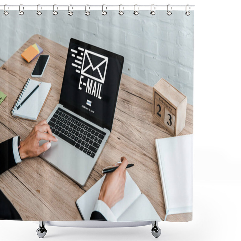 Personality  Cropped View Of Woman Holding Pen While Using Laptop With Email Lettering Near Smartphone With Blank Screen  Shower Curtains