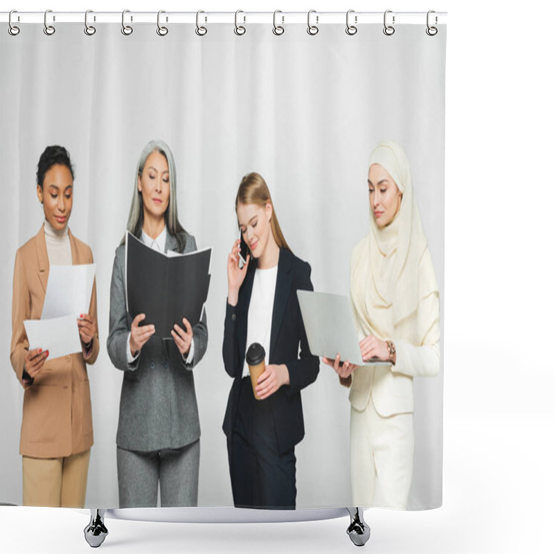 Personality  Multicultural Businesswomen With Folders Near Woman Talking On Smartphone Isolated On White  Shower Curtains