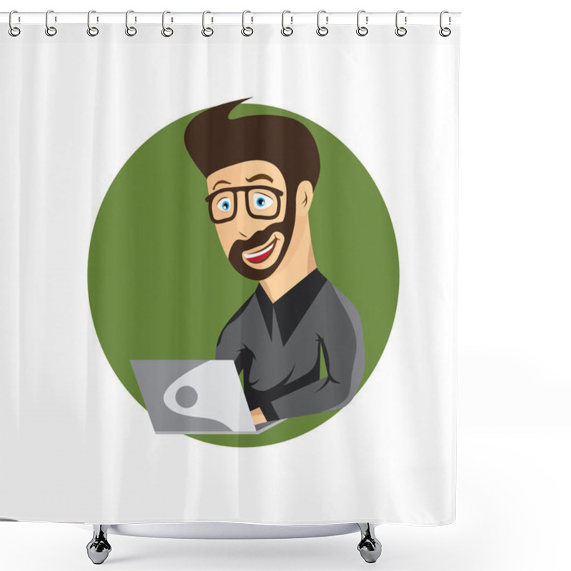 Personality  Cartoon Illustration Of Young Hipster Man With Laptop Shower Curtains