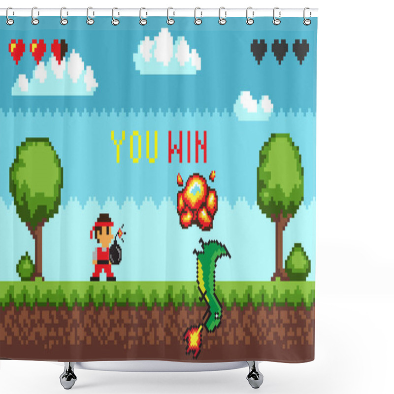 Personality  Hero Battle In Pixel Video Game Shower Curtains