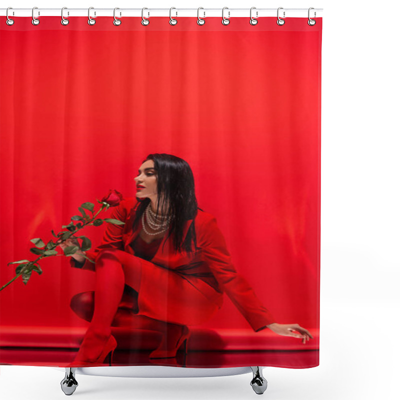 Personality  Stylish Woman In Heels And Pearl Necklace Holding Rose On Red Background  Shower Curtains