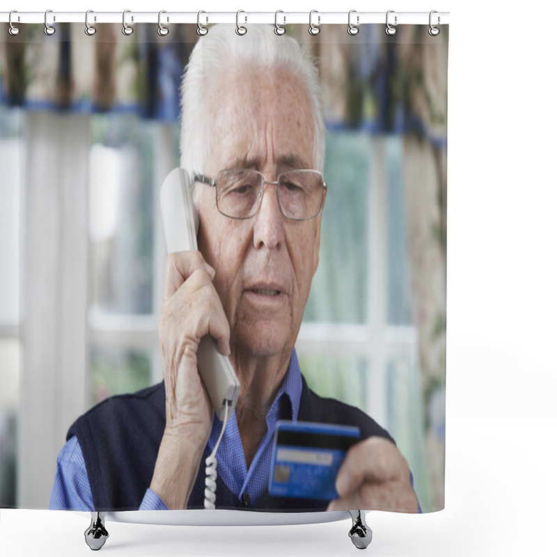 Personality  Senior Man Giving Credit Card Details On The Phone Shower Curtains