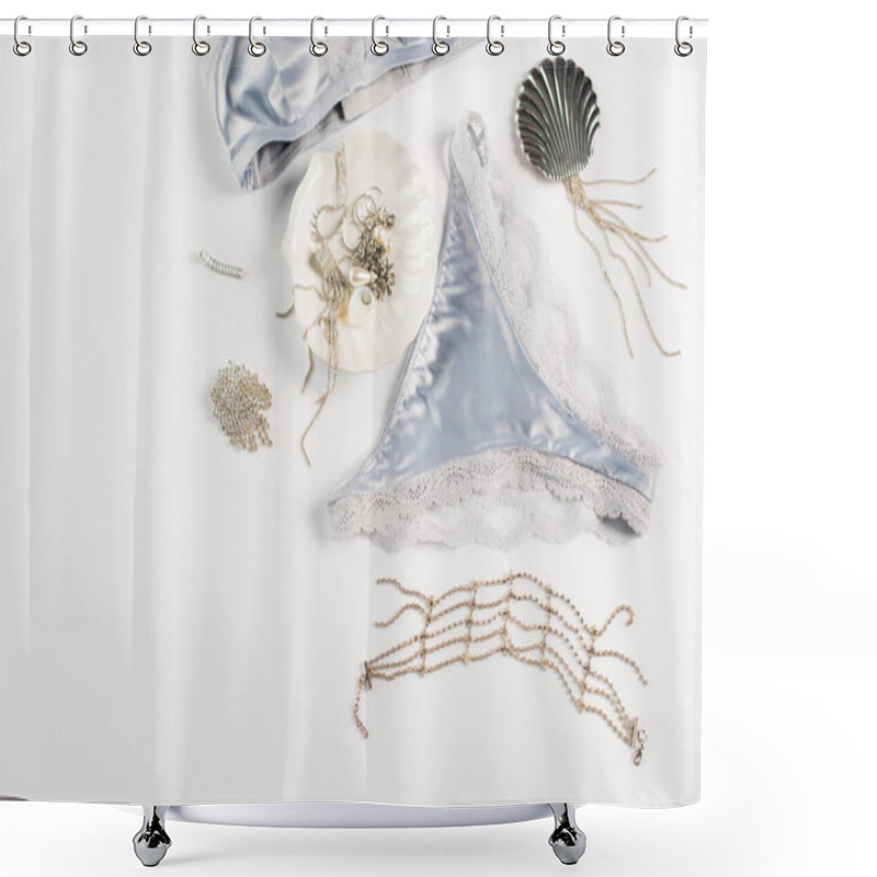 Personality  Top View Of Accessories Near Blue Silk Lingerie On White Background  Shower Curtains